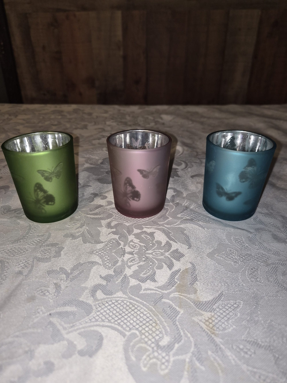 Set of 3 Butterfly Frosted Glass Votive Holders - Green, Pink, Teal
